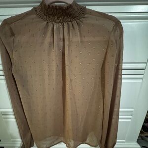Express Sheer Smocked-Neck Blouse in Tan